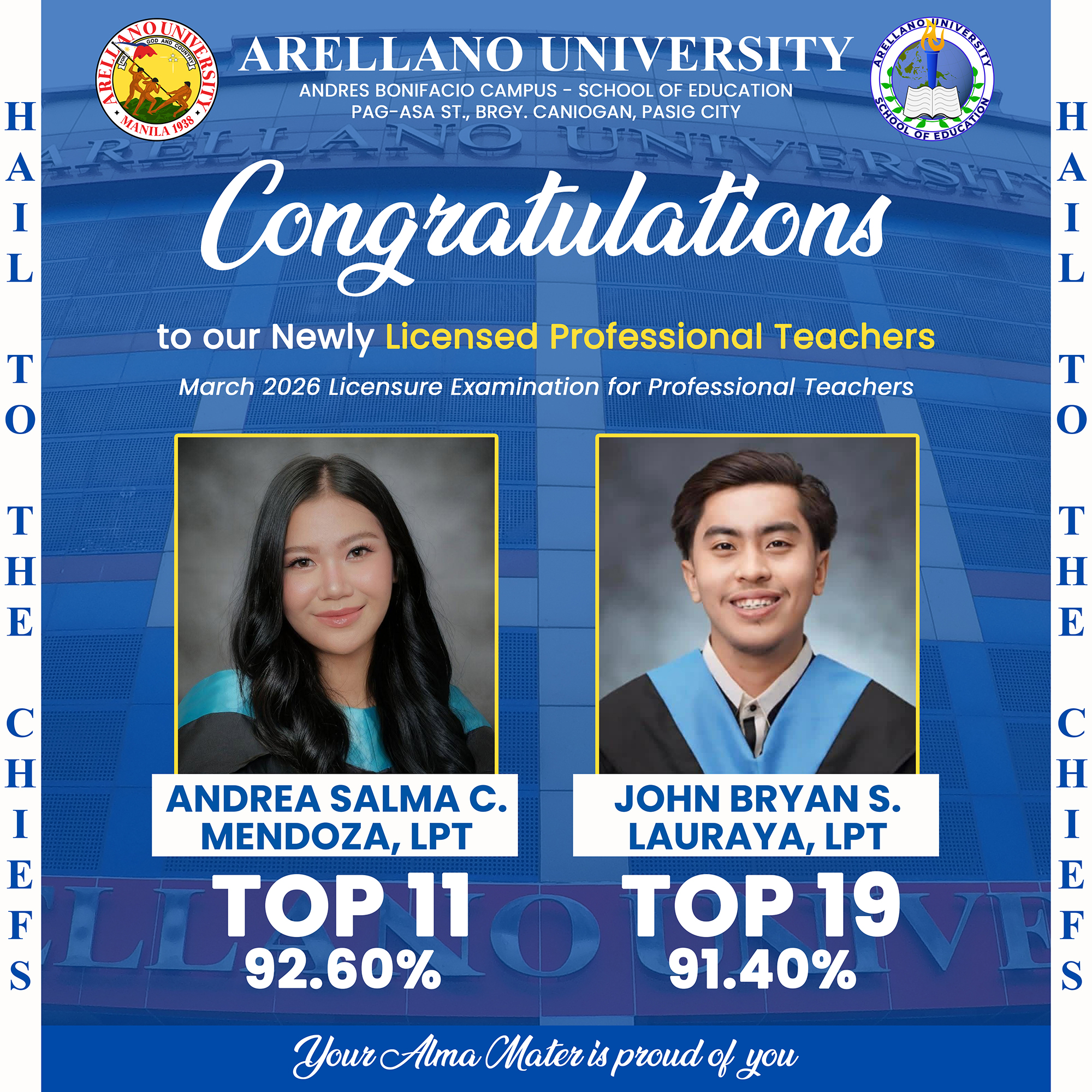 AU-Pasig Dominates the LPT Board Exams with Two Topnotchers!